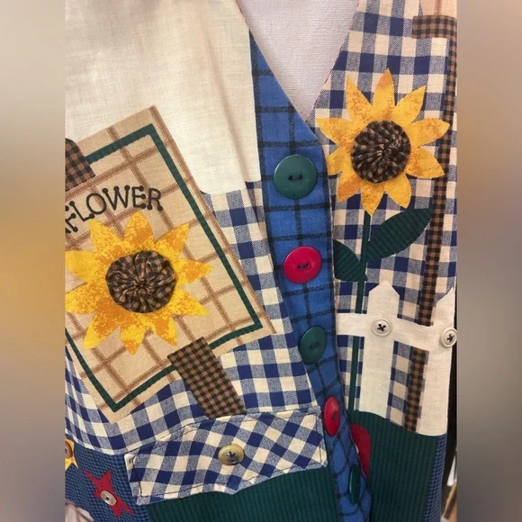Vintage Patchwork Sunflower Gingham Vest Cottagecore Farmhouse Folk Art L - Picture 8 of 8